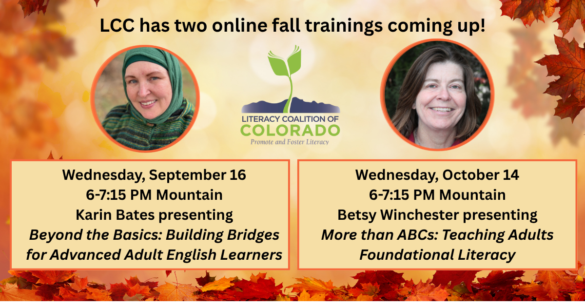 This is an image with the photos and names of the two presenters for LCCs 2026 Fall trainings. It includes the dates, times, and titles of the presentations. All of the information is in the text below the image.